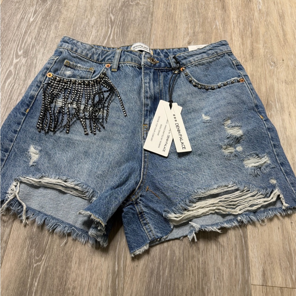 PALACE Blue Distressed Jean Shorts with Beaded Fringe